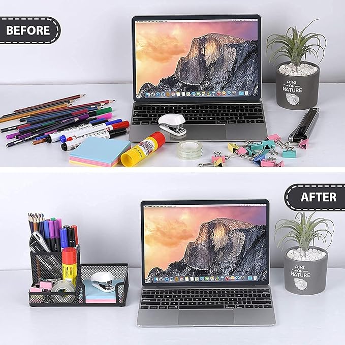 Desk Pencil Holders Desk Organizer Office Supplies Caddy with Sticky Notes Holder for Office School Home 3 Compartments Black