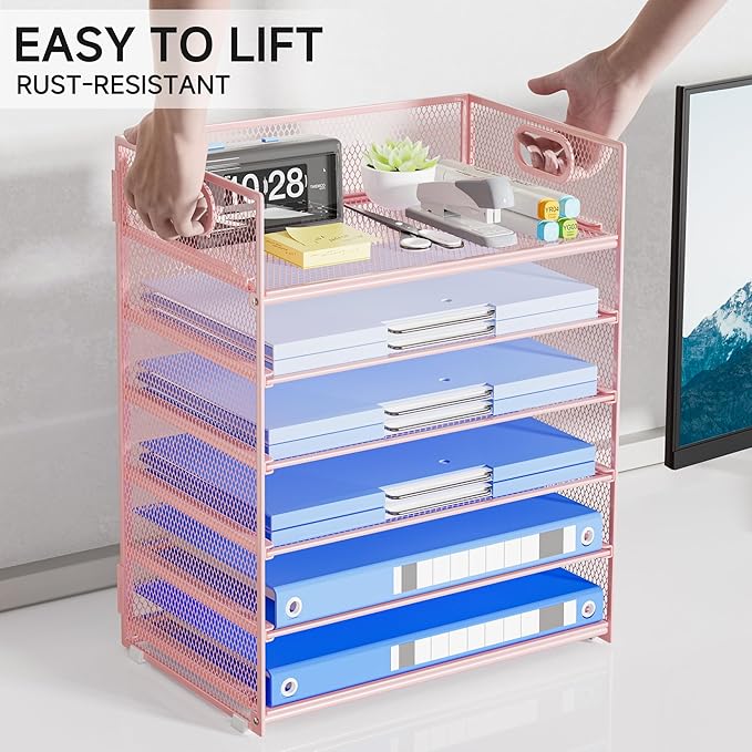 6-Tier Mesh Paper Organizer, Pink Letter Tray with Handle, Office Desk Accessories, 12.6L x 9.1W x 13.5H inches