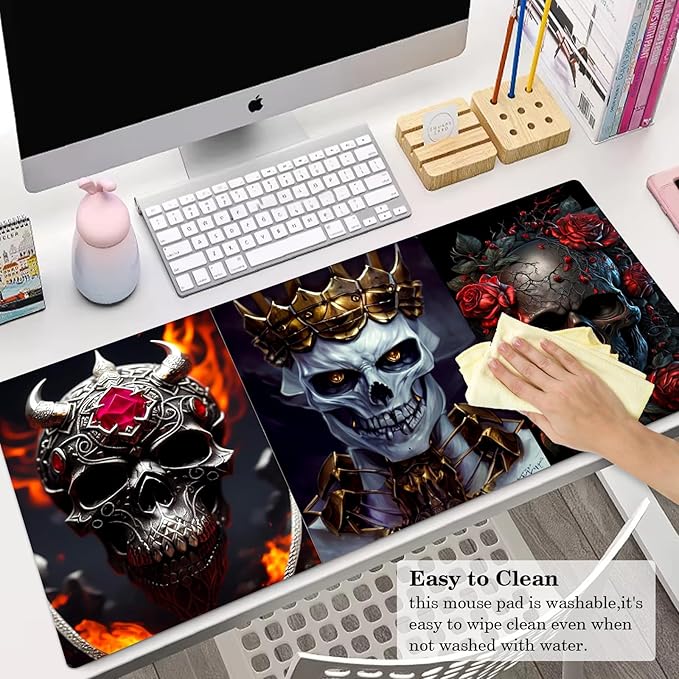 Skull Mouse Pad, Gaming Mouse Pad Large, Keyboard Mouse Mat Desk Pad, Non-Slip Rubber Base with Stitched Edges Mousepad, 31.5X15.7inch