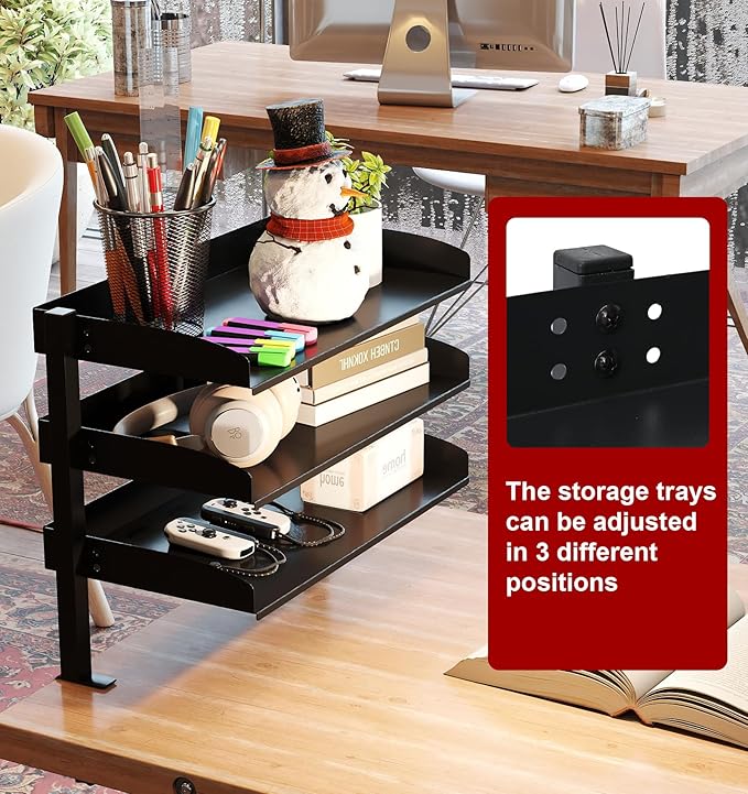 3 Tier Clamp On Desk Organizer Shelf,Large Clip Desktop or Under-Desk Adjustable Metal Storage Tray, Computer Table Organizer for Office Desk