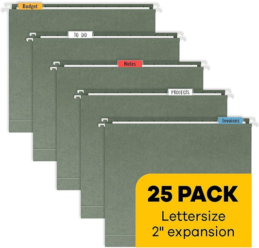 Hanging File Folders - (25 Pack), by Paper Plan, 8.5 x 11 Letter Size, Dark Green, U-Base with 2" Expansion - Ideal for Easy and efficient Document Organization