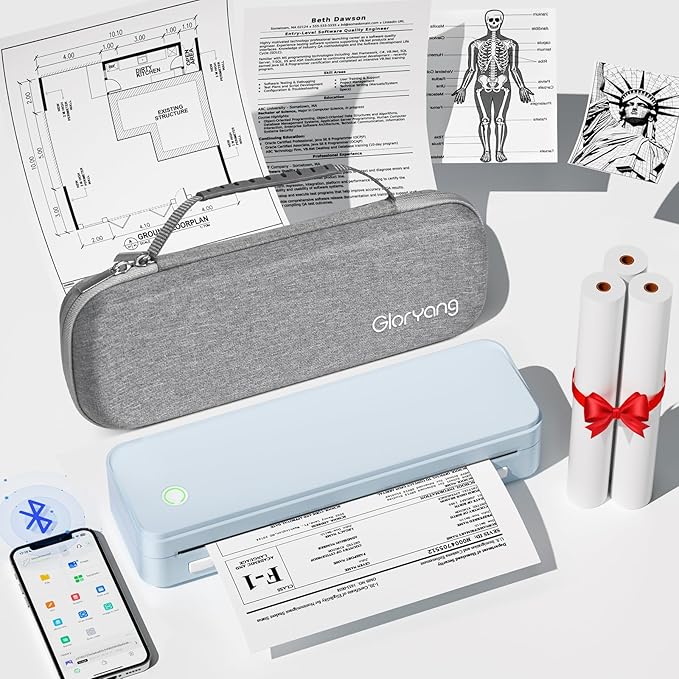 Inkless Portable Printer for Travel, Wireless Thermal Printer Supports 8.5" x 11" US Letter Size, Bluetooth Machine Includes Carry Case and 3 Rolls of Thermal Paper Kit, Blue
