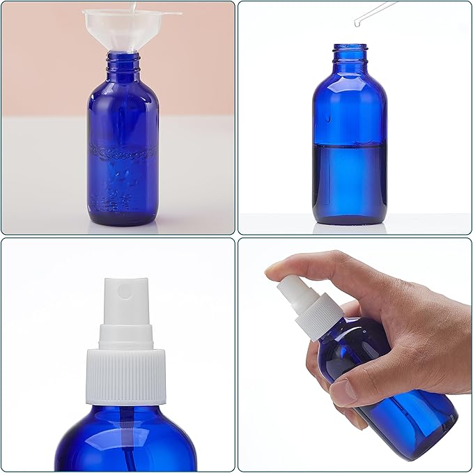 Cobalt Blue Glass Spray Bottles 4 oz, Small Empty Spray Bottles for Essential Oils, Fine Mist for Face, Hair, Plants, Travel, Perfumes, Cleaning Solutions - 4 Pack