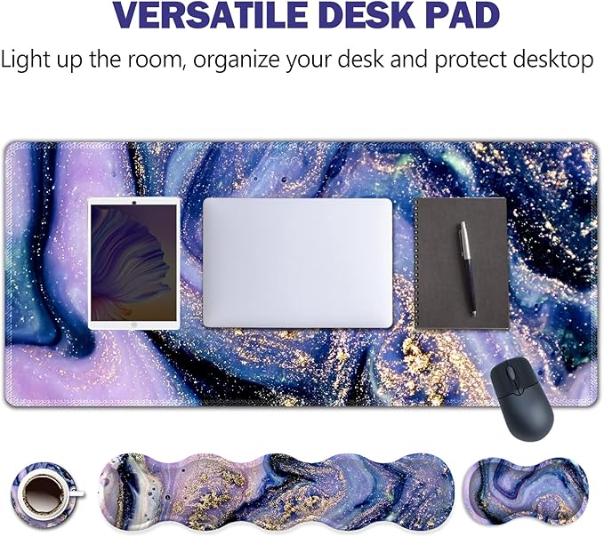 Upgraded Extended Gaming Mouse Pad, Keyboard Wrist Rest Pad, Wrist Support Mousepad Set, Artso Large Stable Rubber Base Stitched Edge Desk Pad (35 x15.5 in) for Work, Office, Home, Purple Marble