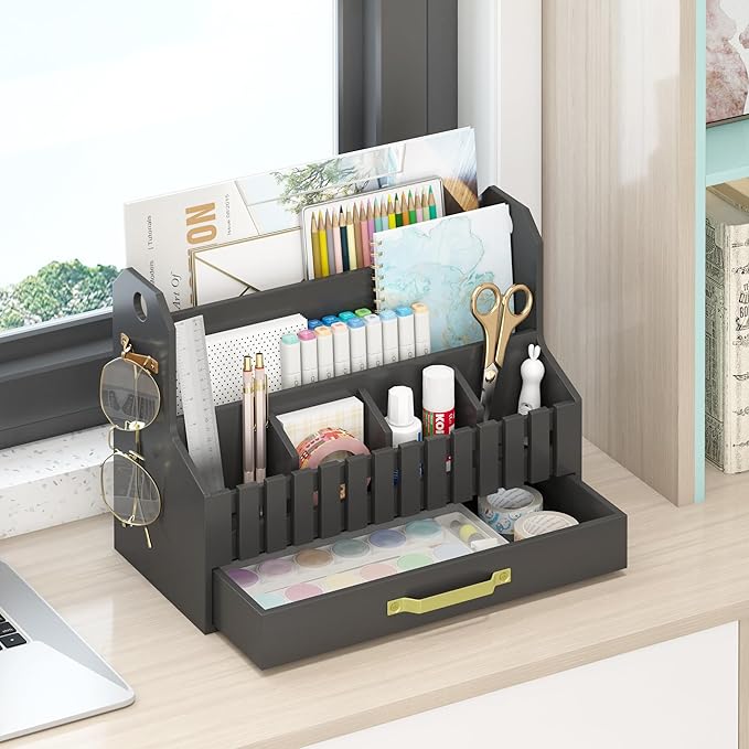 Bamboo Mail Organizer Countertop with Drawers, Wood Desk File Organizer Desktop Paper Organization Storage Bill & Letter Sorter Holder for School Home Office Supplies, No Assembly Required (Black)