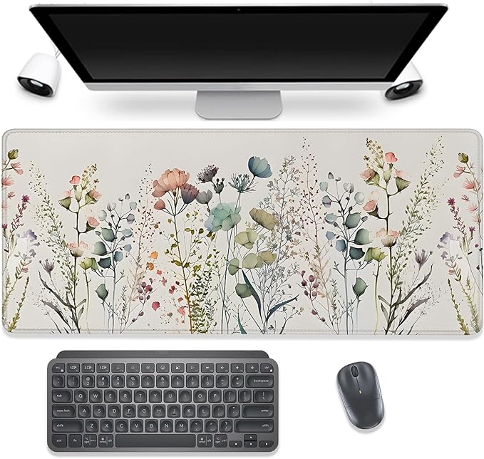 Watercolor Plant Flowers Desk Pad Mouse Pad,Floral Prints Extended Large Gaming Mouse Mat with Stitched Edges,Non-Slip Waterproof Rubber Base Mousepad for Office Work Home(27.5X11.8 in)