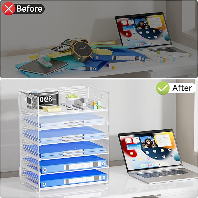 6 Tier Paper Organizer for Desk File Organizer with Handle Mesh Paper Letter Tray Organization for Desktop Document Holder for Office, Home & School-White