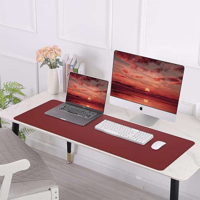 Leather Desk pad Protector, Large Desk mat with Natural Cork & PU Leather,Mouse pad,Non-Slip Office Desk Mat,Waterproof Desk Writing Pad for Office and Home (47in*17in, red)