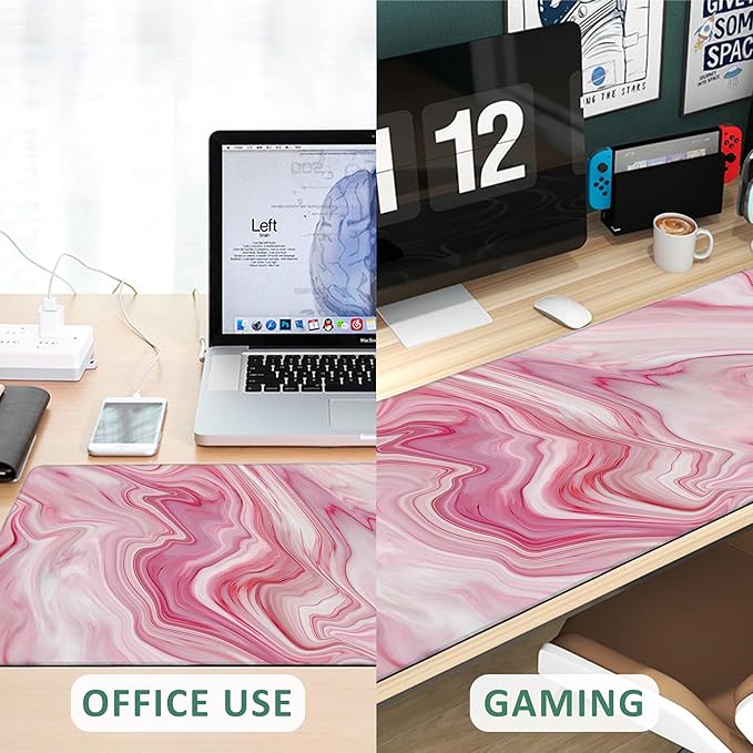 Large Mouse Pad Pink Marble Texture Extended Gaming Mouse Pad Non-Slip Desk Mat with Stitched Edge Laptop Computer Keyboard Mousepad for Office Home 35.4" x 15.7"