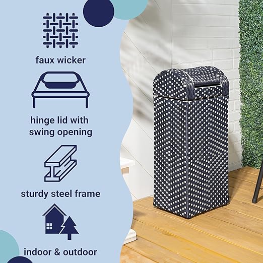 happimess HPM1201B Darla 14.27-Gallon All-Weather Wicker/Metal Swing Top Hideaway Outdoor Trash Can, Navy/White, Classic, Coastal, Casual Wastebin for Backyard, Patio, Porch, Kitchen