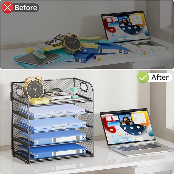 5 Tier Paper Organizer for Desk File Organizer with Handle Mesh Letter Tray Paper Sorter Desk Organizer for Office Home Supplies-Grey