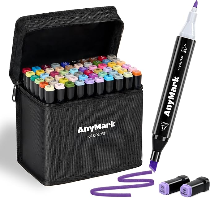 AnyMark Alcohol Markers, 60 Colors Dual Tip Art Coloring Markers Set for Kids Adult Book Drawing Sketching Painting, Chisel & Fine, Black Penholder