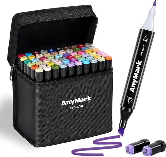AnyMark Alcohol Markers, 60 Colors Dual Tip Art Coloring Markers Set for Kids Adult Book Drawing Sketching Painting, Chisel & Fine, Black Penholder