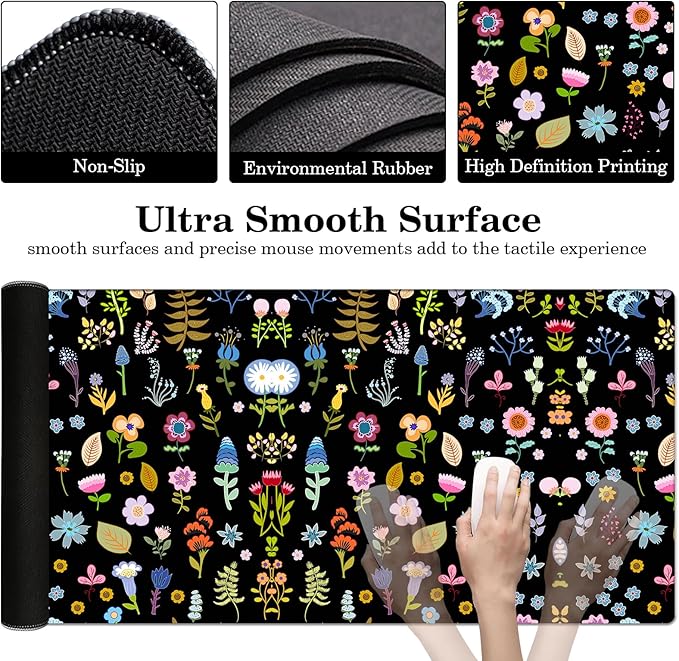 Flower Pad Protector, Floral Stitched Edges Mouse Pad, Large Office Mat, Non-Slip Desk Blotter, Laptop Desk Pad, Writing Pad for Office and Home (31.5" x 15.7")