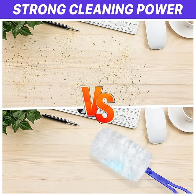 Milkary 60Pcs Duster Refills Electrostatic Fluffy for Cleaning, Duster Disposable Replacement Refills Bulk with 2 Handles for Home Office Blinds Ceiling Fans Furniture Multi-Surface Dusting, Blue