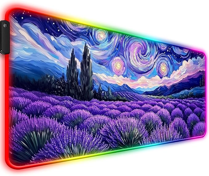 RGB Fantasy Starry Night Lavender Field Gaming Desk Mat, Computer Keyboard Large Extended Long Floral LED Mouse Pad for Office and Home, XL (W27)