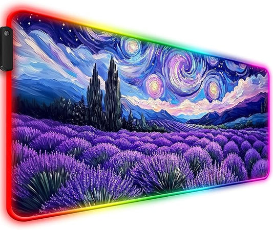 RGB Fantasy Starry Night Lavender Field Gaming Desk Mat, Computer Keyboard Large Extended Long Floral LED Mouse Pad for Office and Home, XL (W27)
