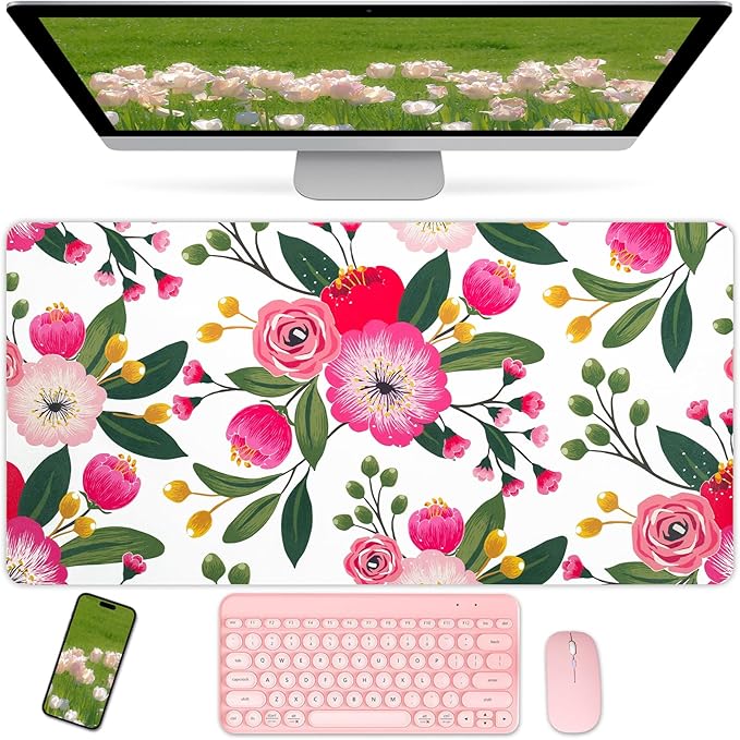 Bloss Pink Floral Desks Mat,31.5x15.7In Large Mouse Pad Cute,Anti-Slip Leather Computer Desk Pad for Keyboard and Mouse,Pink Computer Keyboard Pad Mat,Laptop Desks Protector Mat for Office/Home/Women