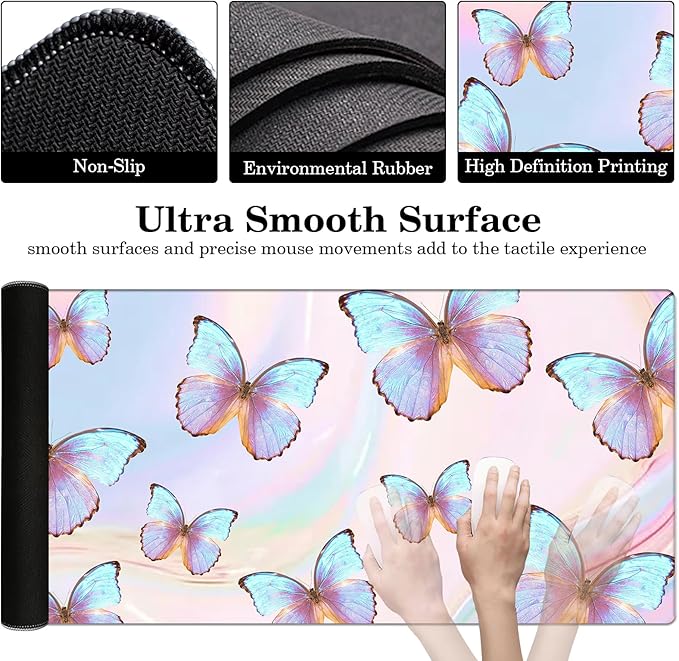 Butterfly Desk Pad Protector, Stitched Edges Mouse Pad, Large Office Mat, Non-Slip Blotter, Laptop Pad, Writing Pad for Office and Home (31.5" x 15.7")