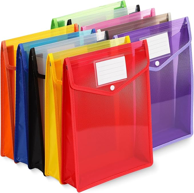 10 Pieces Plastic File Folders Envelope Expanding File Wallet Organizer Documents Folder with Snap Closure and Pocket, A4 Size Waterproof Transparent Pouch(Assorted Color,Vertical)