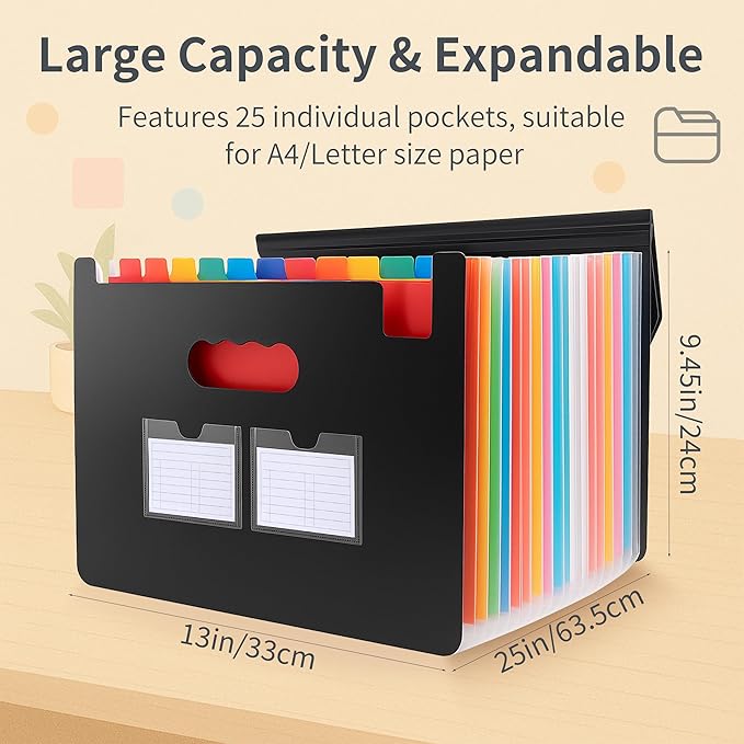 Accordion File Organizer, 2 Pack Secure Closure Expanding File Folder with 25 Pockets, Blank Labels and Colorful Inner Page, Large Waterproof Quick Access Folder Organizer for A4/Letter Size, Black