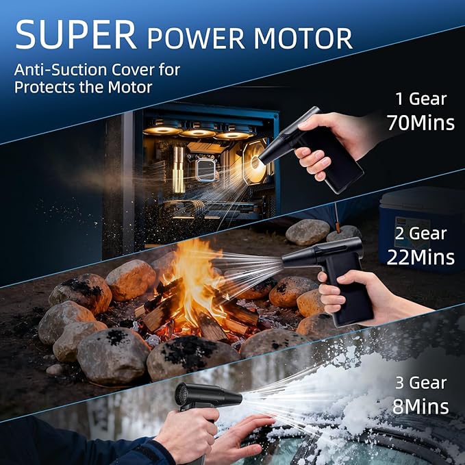 Electric Air Duster-130000 RPM Brushless Motor, 2-in-1 Blow & Vacuum, 4000mAh Rechargeable, 3 Gear Adjustable Compressed Air Duster for Computer, Keyboard, House and Car, 11pcs Accessories