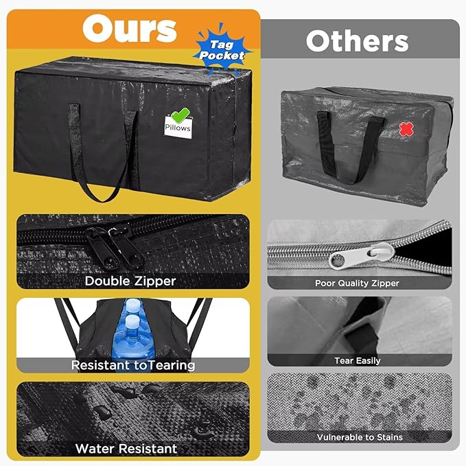 BETU Extra Large Moving Bags Heavy Duty Storage Bags with Zipper Handles, 2 Pack Clothes Storage Totes Bins Packing Moving Boxes, Moving Supplies for College Dorm Essentials, Space Saving, Black