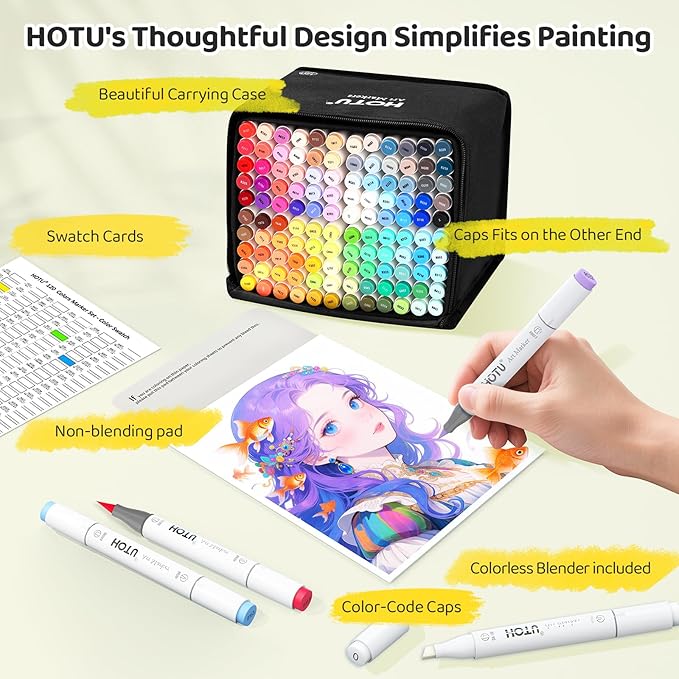 Alcohol Markers Brush Tip-120 Colors Dual Tip Art Markers for Adult Coloring, with Pro Ink, Seamless Blend, Non-Bleeding Pad & Color Card, Pens for Amateurs/Artists (Brush & Chisel Tip)