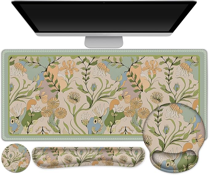 AIMSA Mouse Pad Set Large Desk Mat, Ergonomic Mouse Pad with Wrist Rest, Gaming Mouse Pad Wrist Support Keyboard Mat Combo Office Desk Decor Accessories, Abstract Flower Plants