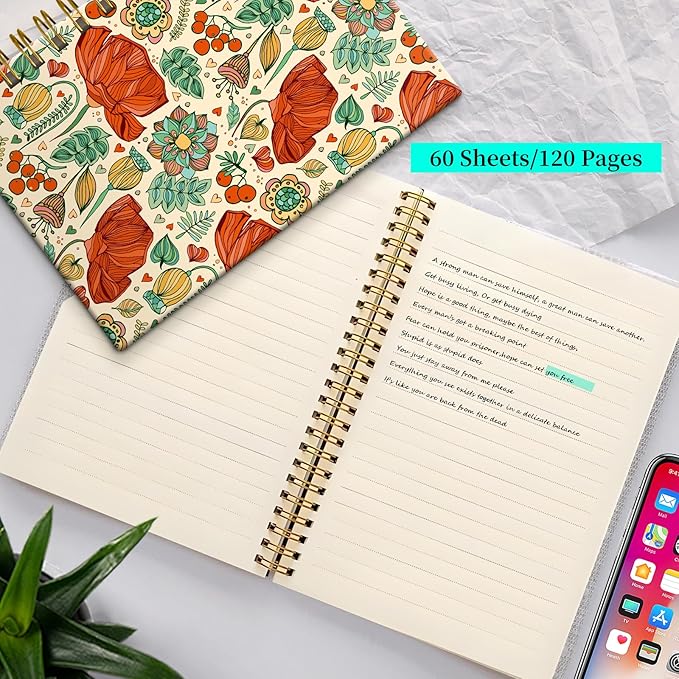 Spiral Notebook Journal for Women Men, A5 Hardcover Journal, 120 Pages Thick Paper, College Ruled Writing Notebook for School, Work & Office 8.3'' × 5.9''(Red Flower Leaf)