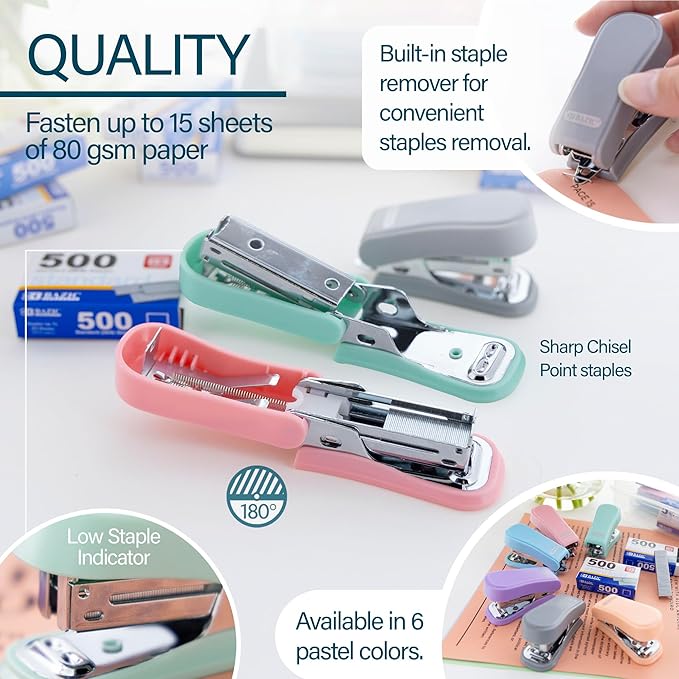 BAZIC Mini Stapler w/ 500 Staples, Standard (26/6) Pastel Color, Built-in Staple Remover, Portable Small Staplers, 4-Pack