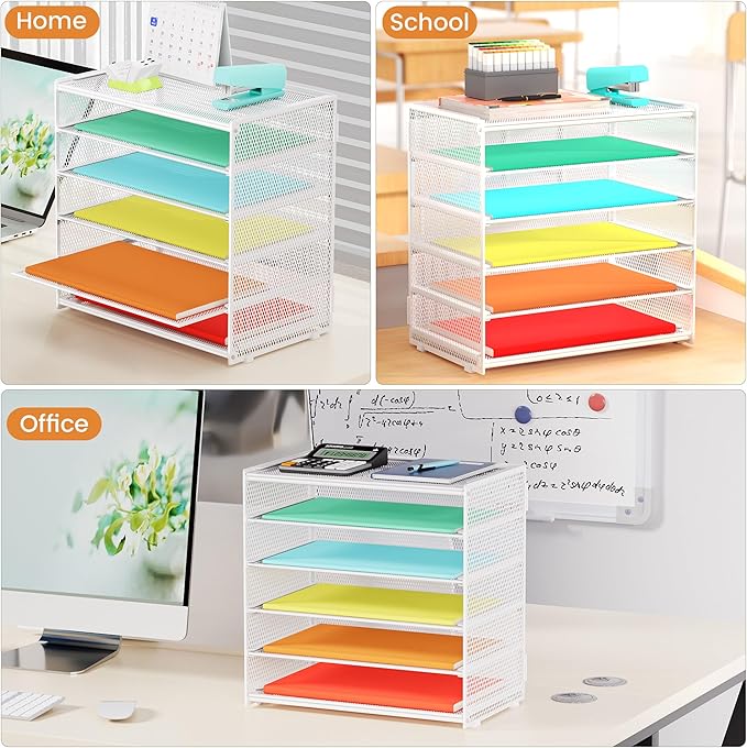 6 Tier Paper Organizer, Metal Mesh Desk File Folder, Letter Tray Organizer, Paper Sorter Desk Organizers for Office, Home or School File Folder Holder - White