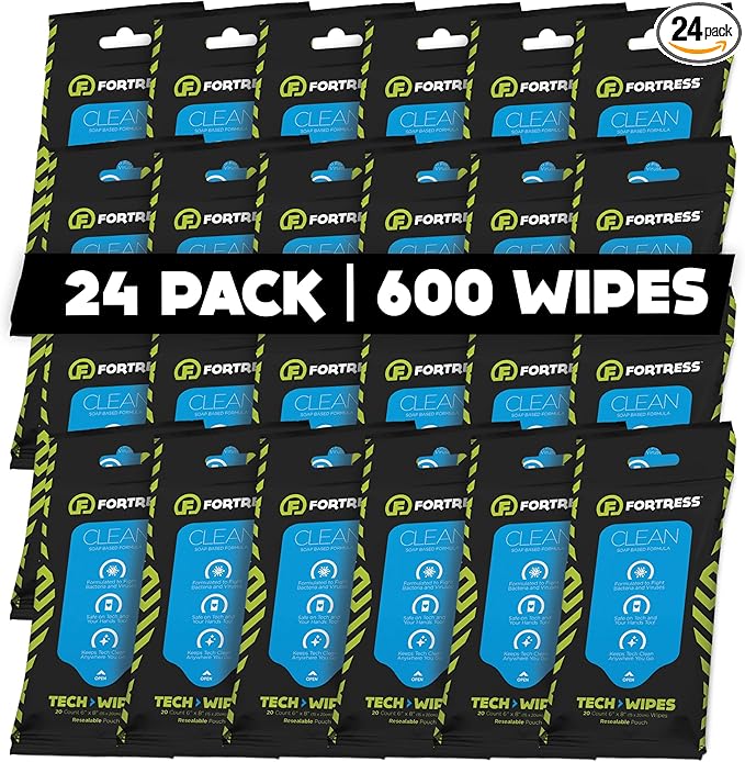 Fortress Electronic Wipes (25 ct, Pack of 24) To-Go Tech Wipes for Screens, Phones, Keyboards, TV Monitors, Computer Screens, and More [Travel Size] Skin-Safe