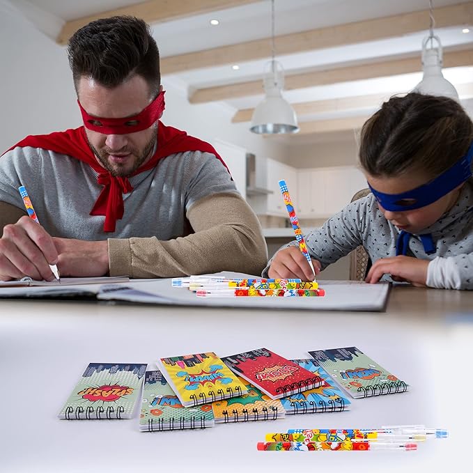 Kolewo4ever 48 Pieces Hero Text Theme Set:24Pcs Translucent Pencil Multipoint Non Sharpening Stackable Pencils 24Pcs Mini Spiral Notepad Memo Pad Pocket Notebooks