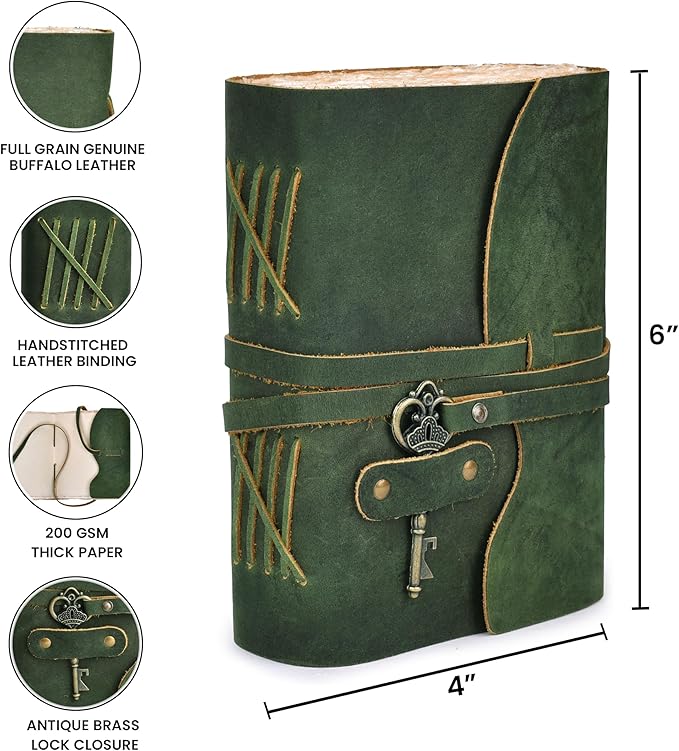 LEATHER VILLAGE Vintage Leather Journal – 200 Handmade Vintage Deckle Edge Paper – Leather bound Journal For Women Men – Vintage Key Closure - Book of Shadows - Green - 6X4 inches (A6)