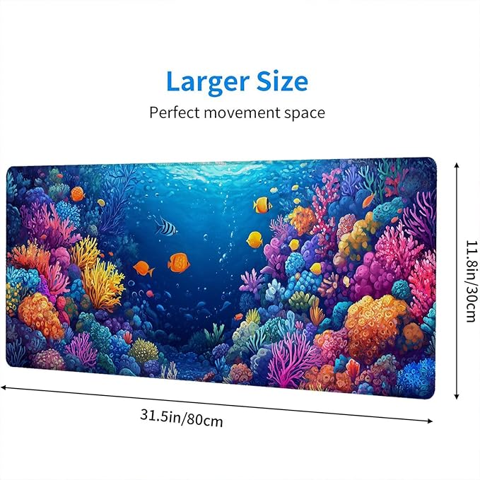 Ocean Fish Desk Pad Mouse Pad Colorful Cartoon Coral Fish Sea Mousepad XL Large Gaming Mouse Pad Laptop Keyboard Mat Desk Pad Office Home Decor for Women Girl 31.5"x11.8"