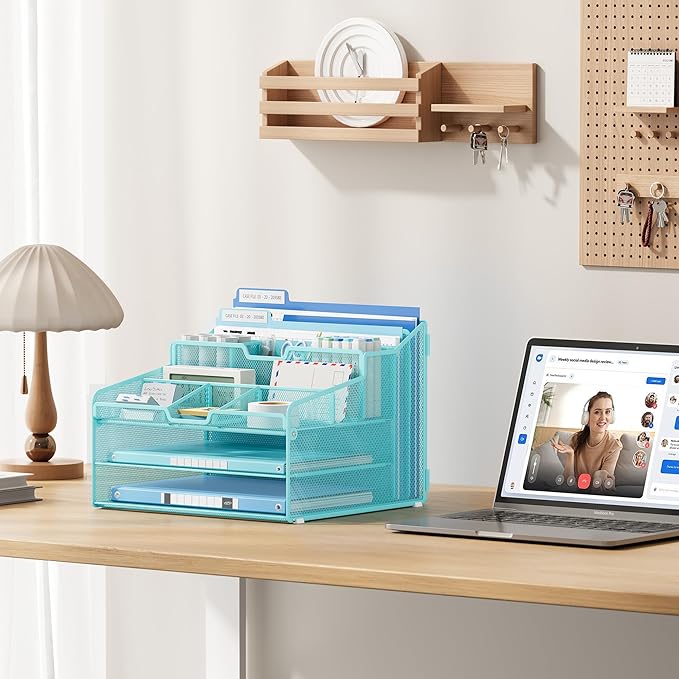 Lavatino Desk Paper File Organizer - Metal Mesh with 2 Letter Trays, 7 Flexible Dividers, 2 Vertical File Folder Holders for Office/Home/Classroom Supplies, Desk Organizers and Accessories, Blue