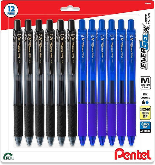 Pentel EnerGel X Retractable Liquid Gel Pen, 0.7mm, Ultra Performance, 12 Pack - 6 Black Ink and 6 Blue Ink Pens