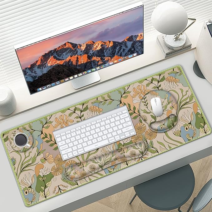 AIMSA Mouse Pad Set Large Desk Mat, Ergonomic Mouse Pad with Wrist Rest, Gaming Mouse Pad Wrist Support Keyboard Mat Combo Office Desk Decor Accessories, Abstract Flower Plants