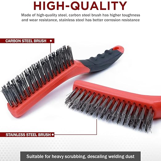TAKAVU Heavy Duty Wire Brush Set 2pcs, Carbon Steel and Stainless Steel Wire Scratch Brush with 10" Curved Plastic Handle for Cleaning Rust, Paint, Welding
