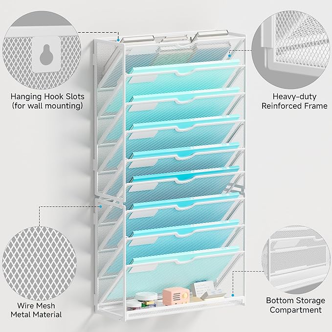 Lavatino 10-Tier Hanging Wall File Folders Organizer - White Metal Mesh Paper Magazine Document Mail Holder File Organizer for Office School Home Wall Mount or Desk Supplies Organization