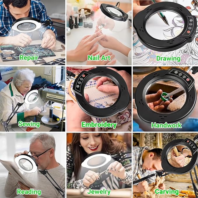 15X Magnifying Glass with Light and Stand, 5 Color Modes 10 Levels Adjustable Brightness, 2-in-1 Desk Lamp with Clamp, Hands Free LED Light Magnifier for Craft Hobby Reading Repair Close Works