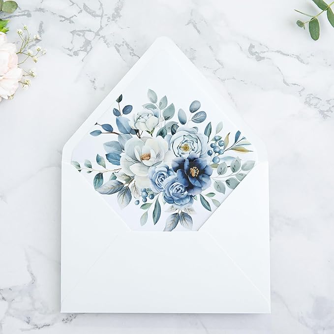 PONATIA 50PCS A7 Euro Flap White Envelope, 5.25 x 7.25'' Dusty Blue Flowers Liner Envelopes for Wedding Invitations, Photos, Postcards, Greeting Cards, Acrylic Mailing, 5x7 Envelopes