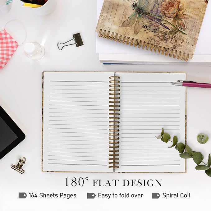 Dragonfly Spiral Notebook, Dragonfly Gifts for Women, Dragon Fly Journal Notebook, Vintage Dragonfly Notebooks for School Work, Dragonfly Floral Office Supplies Gifts for Women Men, 5.5x8.3 Inch