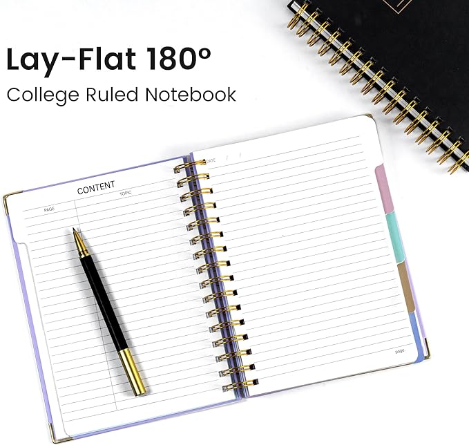 Hardcover Spiral Notebook with Tabs 6.1"x8.3" Small Spiral Lined Journals for Women Men with Dividers 200 Pages College Ruled Composition Notebook 5 Subject Notebook for Work School Gifts, Black