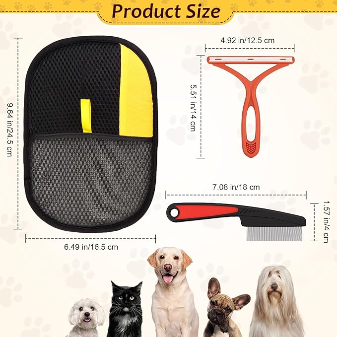 Dexspoeny 3 Pcs Pet Hair Removal Glove Set, Reusable Electrostatic Pet Hair Remover with Hair Remover Brush and Pet Comb, Upgrade Efficient Cats&Dogs Grooming Gloves for Clothes Furniture Carpet Seat
