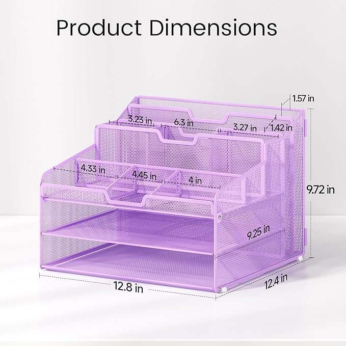 Lavatino Desk Paper File Organizer - Metal Mesh with 2 Letter Trays, 7 Flexible Dividers, 2 Vertical File Folder Holders for Office/Home/Classroom Supplies, Desk Organizers and Accessories, Purple