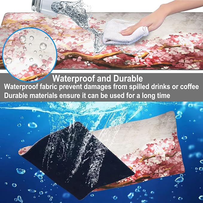 Mouse Pad, Large Blooming Sakura Desk Mat, Extended Non-Slip Gaming Keyboard Mousepad Desk Pad, Thick Stitched Edges Waterproof Mouse Mat 31.5"x15.7" (Cherry Branch)