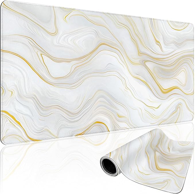 Marble Pattern Large Gaming Mouse Pad 31.5"x15.7"｜ Gold Topographic XXL Desk Mat, Non-Slip Rubber Base & Stitched Edges - Extended Waterproof Mousepad for PC/Laptop/Office/Home Decor