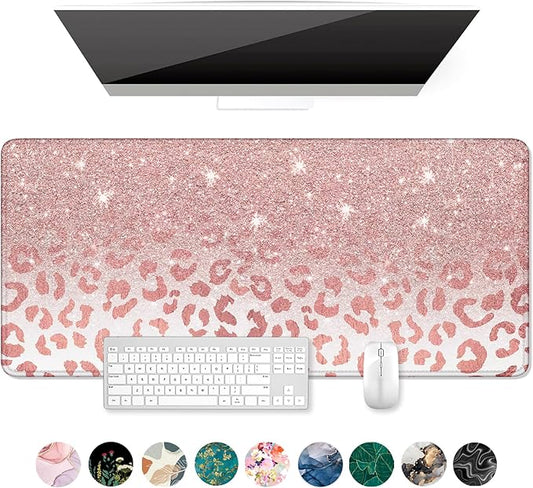 Auhoahsil Large Mouse Pad, XXL Desk Pad, Extened 35" x 15", Non-Slip Rubber Base, Stitched Edges, Superior Surface, Waterproof Keyboard Mat, Large Mousepad for Gamer, Office & Home, Pink Gold Leopard